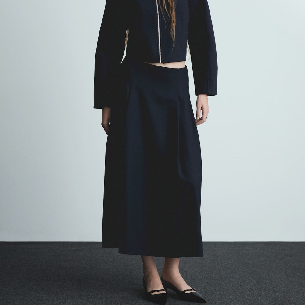 Mango Dark Navy Long Flared Skirt with Pleated Detail